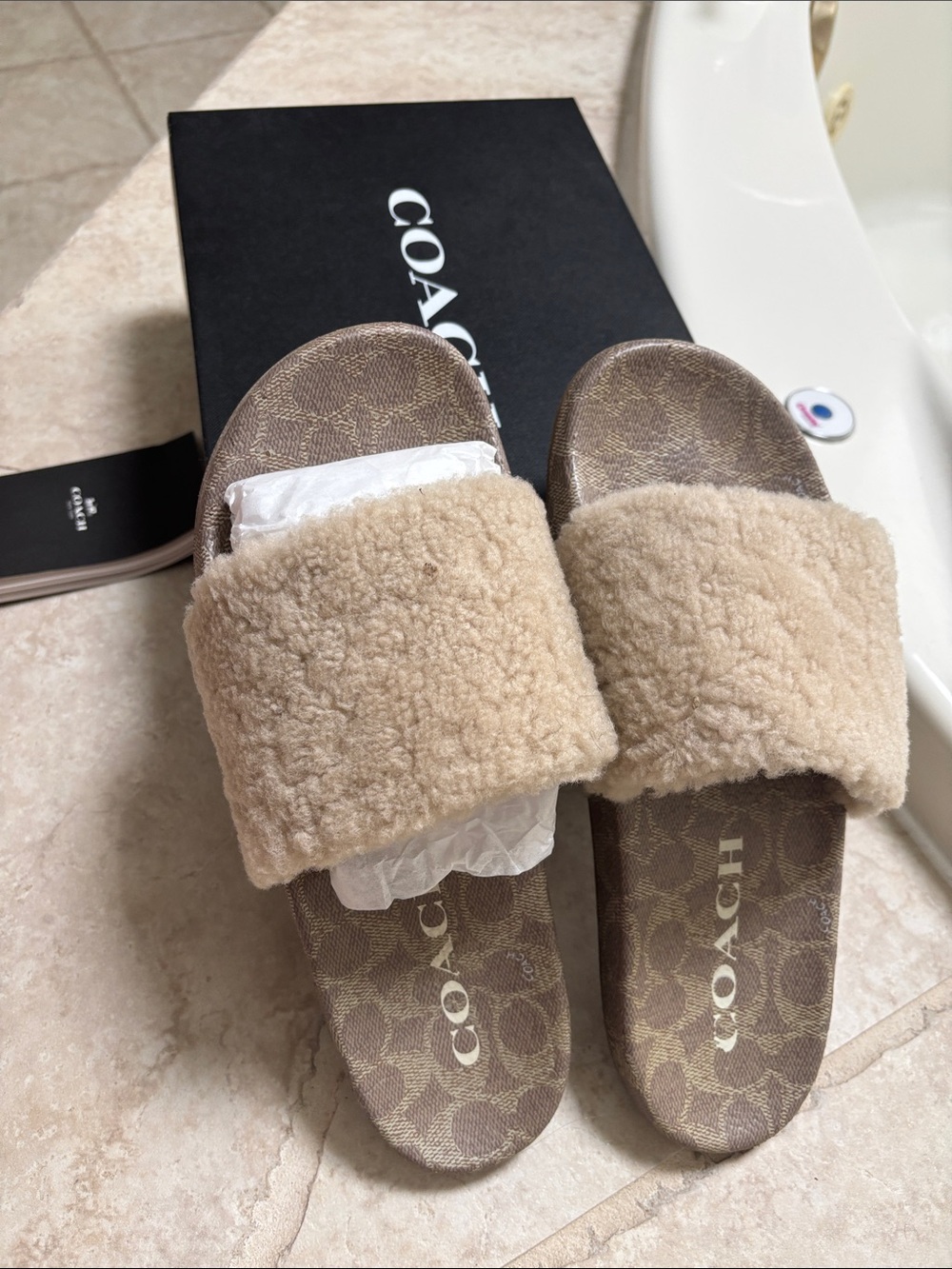 COACH Women's Tan Shearling Slide Sandals - Picture 3 of 4